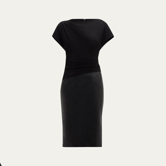 Teri Jon by Rickie Freeman Pleated Crepe Vegan Leather Dress Black Size 14 NWT - Picture 9 of 9